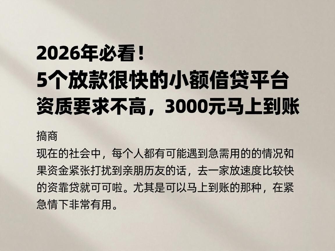 2026年必看！5个放款很快的小额借贷平台，资质要求不高，3000元马上到账
