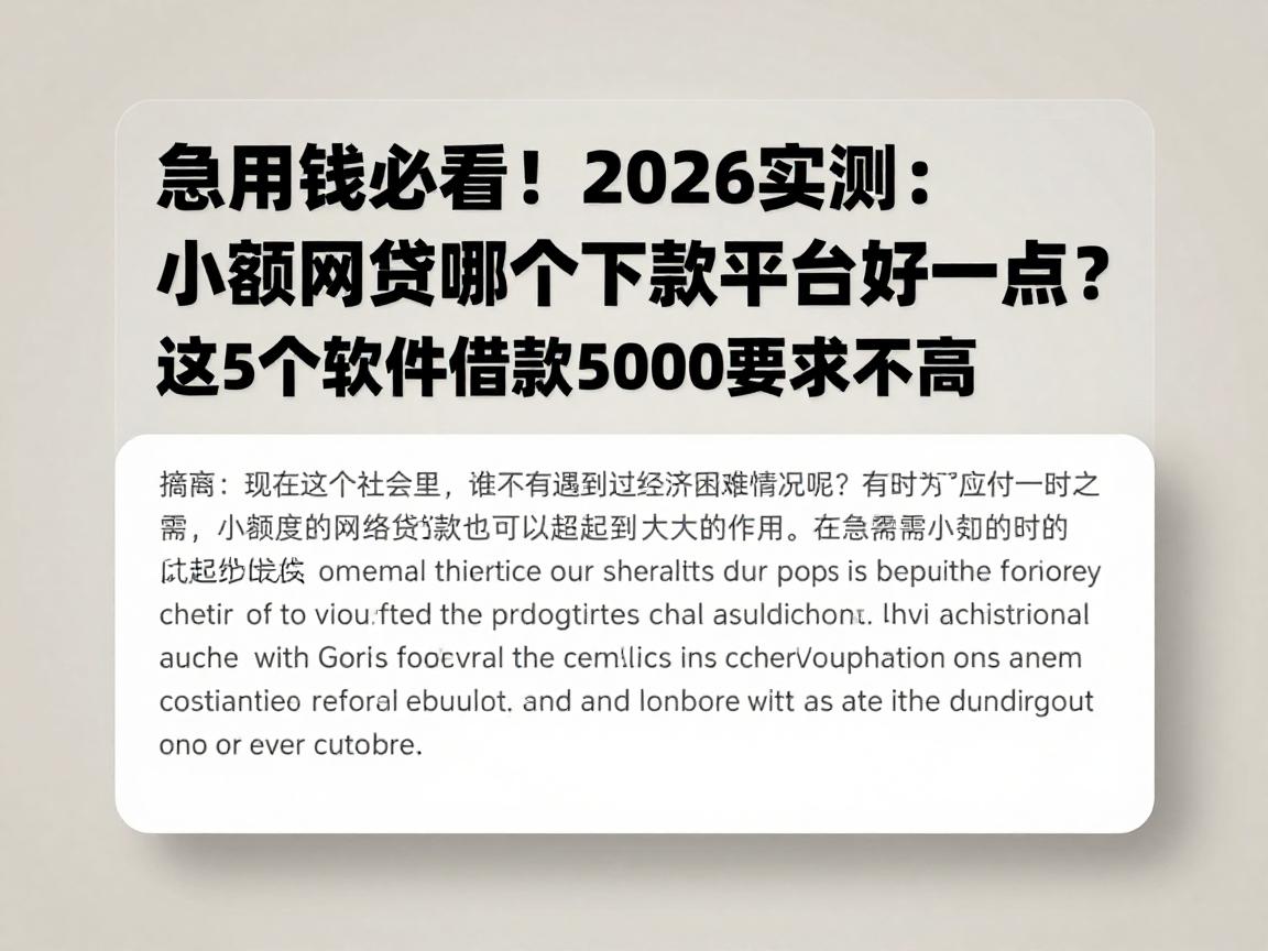急用钱必看！2026实测：小额网贷哪个下款平台好一点？这5个软件借款5000要求不高