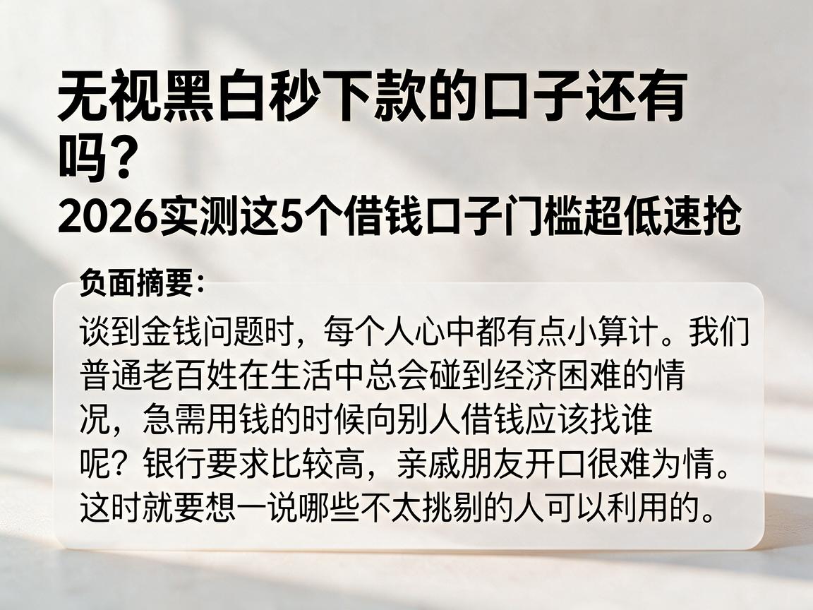 无视黑白秒下款的口子还有吗？2026实测这5个借钱口子门槛超低速抢