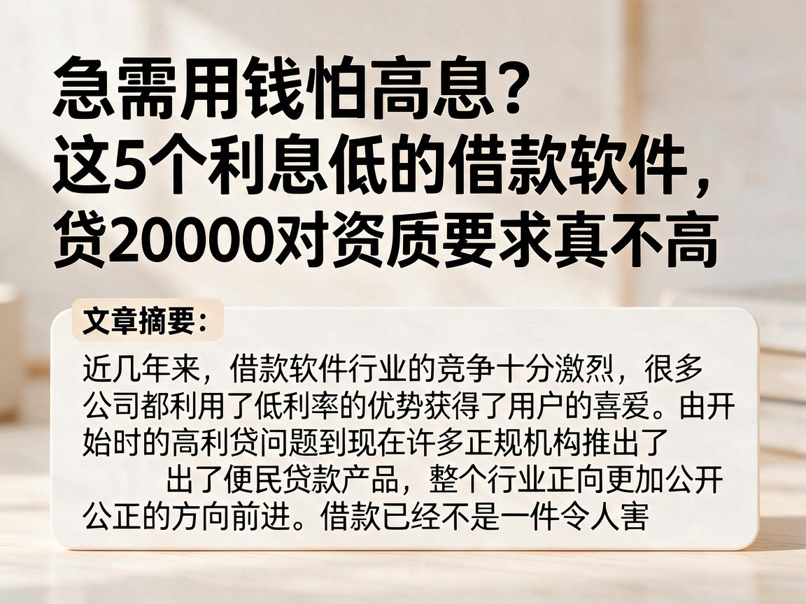 急需用钱怕高息？这5个利息低的借款软件，贷20000对资质要求真不高