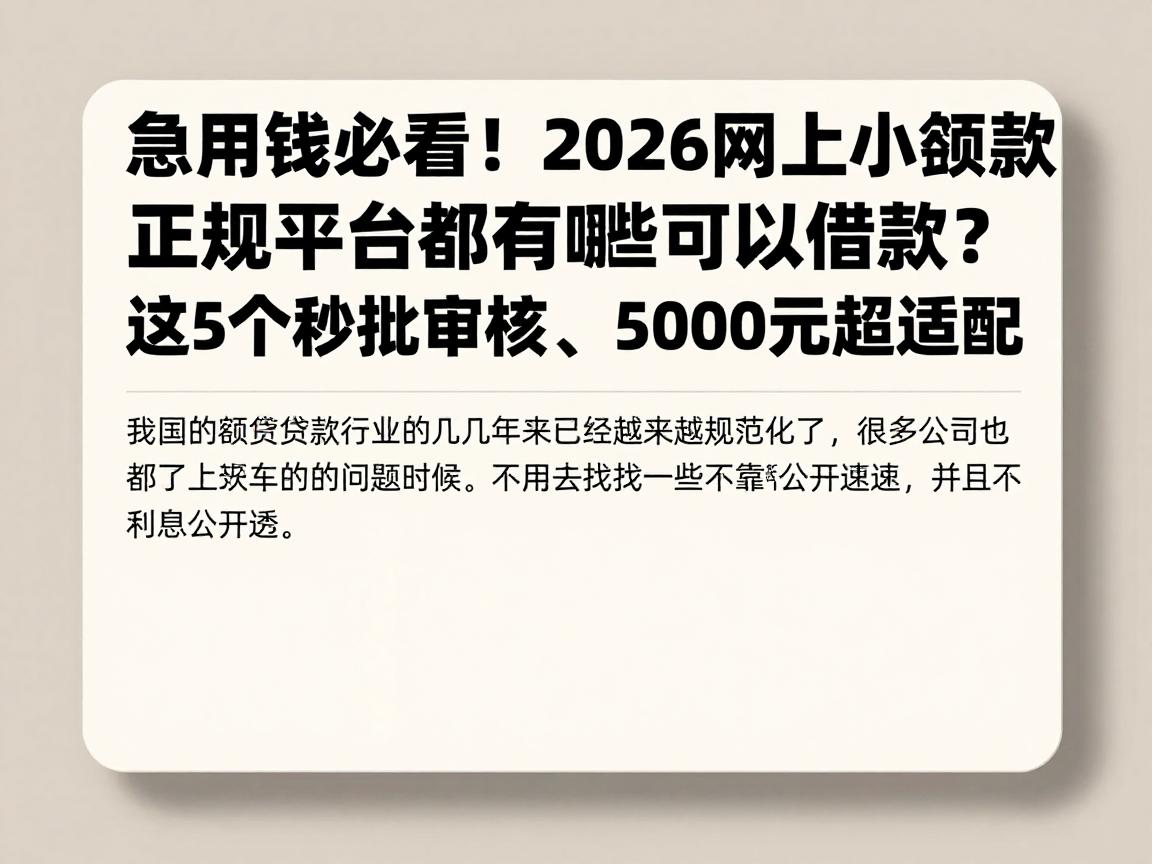 急用钱必看！2026网上小额贷款正规平台都有哪些可以借款？这5个秒批审核、5000元超适配