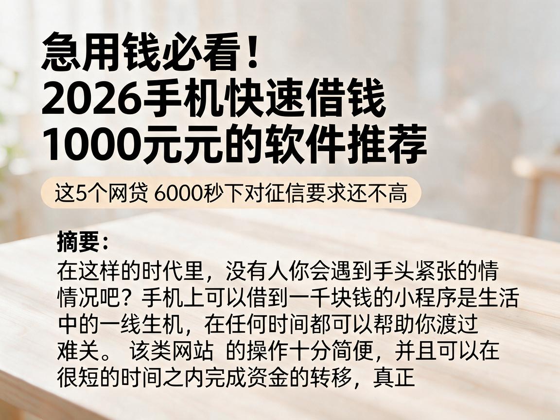 急用钱必看!2026手机快速借钱1000元的软件推荐,这5个网贷6000秒下对征信要求还不高