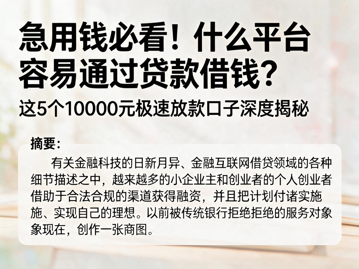 急用钱必看！什么平台容易通过贷款借钱？这5个10000元极速放款口子深度揭秘