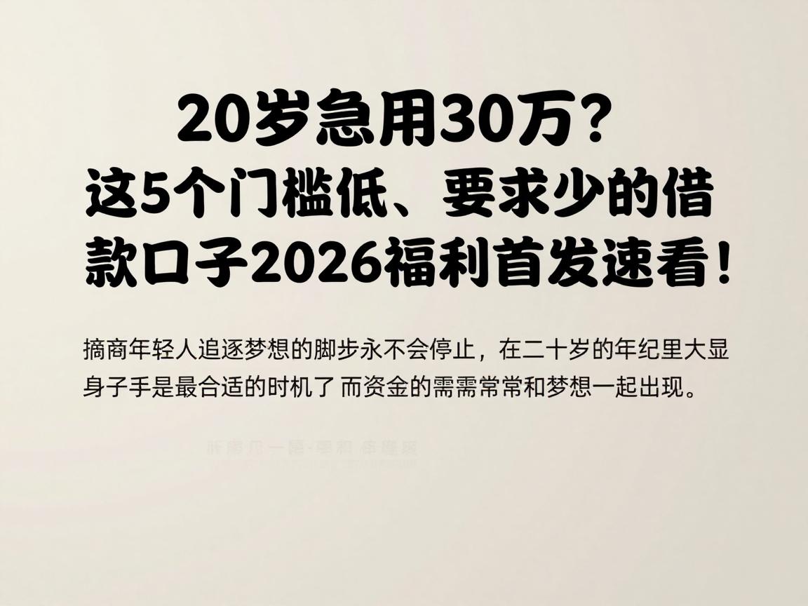 20岁急用30万？这5个门槛低、要求少的借款口子2026福利首发速看！